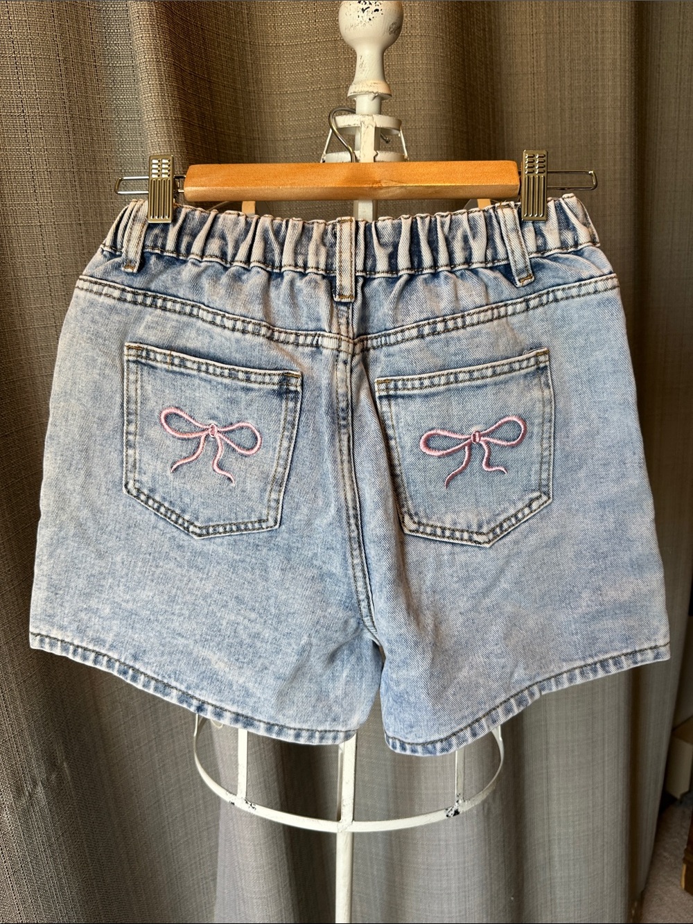 Girls Light Blue Baggy Denim Shorts with Pink Bow Embroidery